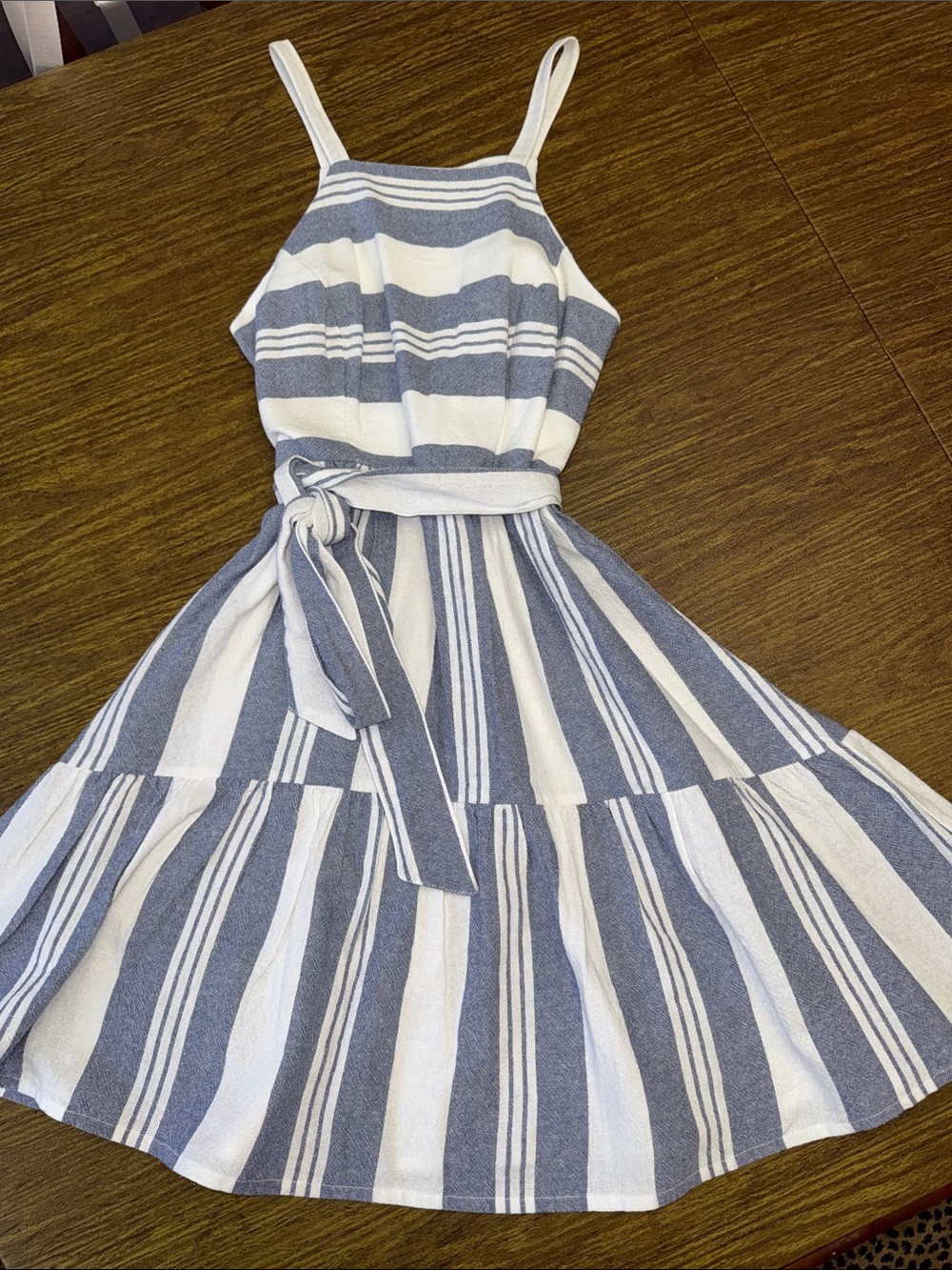 Striped White & Blue Casual Sundress with Waist Tie and Zip Closure